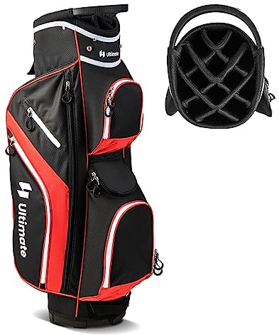 COSTWAY Sac de Golf avec 14 Compartiments, Sac de Club de Golf Portable avec 9 Poches Zippées Glacière Compartiment à Chaussures Porte-Parapluie et Housse de Pluie (Rouge)