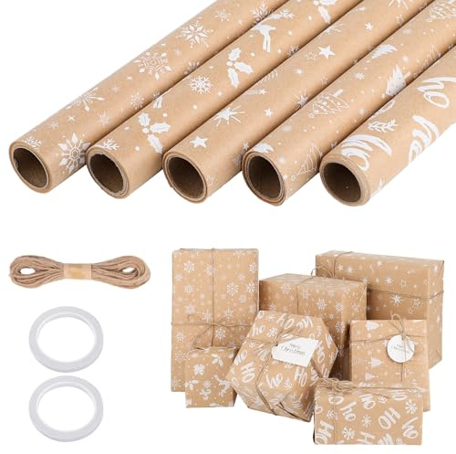 woric 5 rollos de papel de regalo de Navidad, 43 cm x 3 m, papel kraft marrón con cuerda y cinta de doble cara para envolver regalos, Navidad, fiesta de cumpleaños (5 estilos)