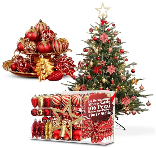Avilia – Kit Decorazioni Albero di Natale 106 Pezzi in Rosso e Oro con Palline, Fiori e Stelle Infrangibili per Addobbi Natalizi Coordinati, Facili da Appendere e Riutilizzare