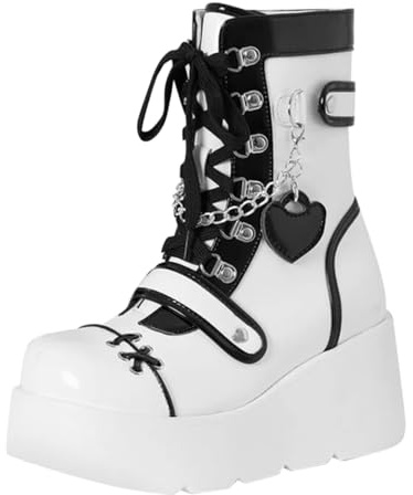 Bottes Femme Plateforme Bout Rond Gothiques Punk avec Lacets et Boucles Semelle Compensée Patchwork Bottes Elegant Antidérapante Confortables Chaussures Femme Automne Et Hiver 41