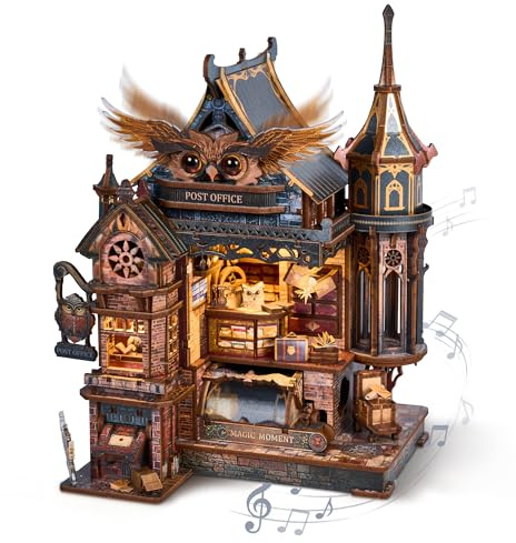 FUNPOLA Puzzle 3D en bois LED Bureau de Poste Hibou – Modèle dynamique avec engrenages mécaniques, kit miniature DIY avec musique et lumières LED, décoration maison, cadeau pour adultes et adolescents