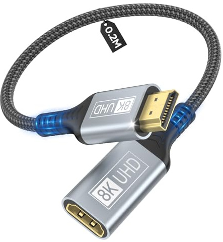 layajia Câble d'extension HDMI 8K, Adaptateur HDMI 2.1 Mâle vers Femelle, Compatible 8K@60Hz, 4K@120Hz, 3D, HDR, Compatible avec Roku Blu-Ray TV Stick, Moniteur HDTV - 0,2 m