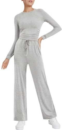 Set lounge da donna, lungo, slim fit, tinta unita, 2 pezzi, per il tempo libero, morbido, leggero, da jogging, primavera, lounge set, girocollo, a maniche lunghe, tuta sportiva top e larghi