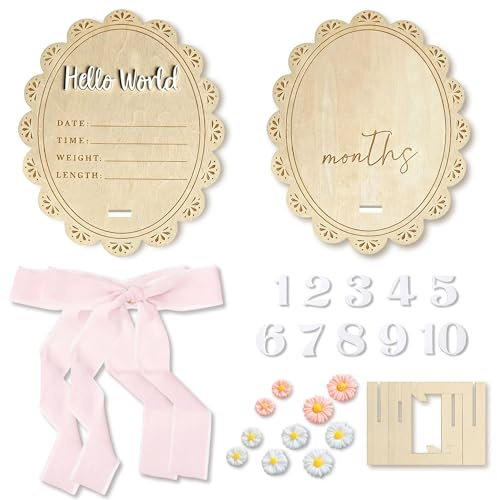 PYSEOSISE Letrero de Madera Hello World, 2 Piezas Letrero con Anuncio de Bebé, 15 cm Tarjetas de Hitos Bebe con Soportes de Madera para Fotos de Recién Nacido Baby Shower