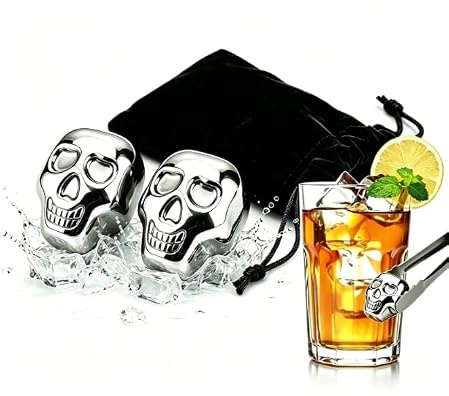 EAVUYIS 2 Cubitos de Hielo de Acero Inoxidable con Forma de Calavera, Piedras de Whisky Reutilizables con Bolsa de Terciopelo, Enfriadores Metálicos para Bebidas, Vino, Cócteles y Licores