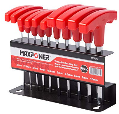 MAXPOWER Innensechskantschlüssel Satz Hex, T-Griff Schraubendreher Set 10tlg, 2-10mm, Sechskant Schlüssel Set mit Metallwerkzeugständer, Metrisch