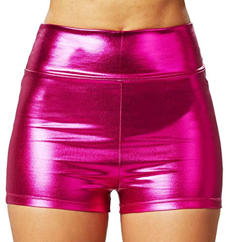 dressforfun 901007 Damen Metallic Hotpants, glänzende Shorts mit hoher Taille, eng anliegende Kurze Hose für Tanz Sport Disco Kostüm Fasching Karneval - Diverse Größen - (M | pink | Nr. 303588)