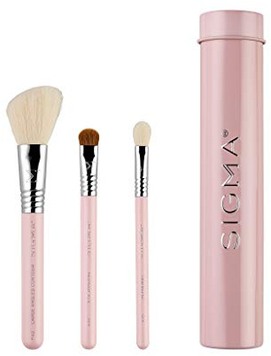 Sigma Beauty Travel Essential Trio – Make-up Pinsel Set für Foundation, Puder, Lidschatten – 3 Pinsel mit Aufbewahrungsdose – Hautfreundliche, vegane Make-up Pinsel für Reisen – Hellrosa