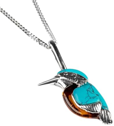 HENRYKA Kingfisher Necklace in 925 Sterling Silver, Amber and Turquoise, Bird Necklace, Bird Gifts