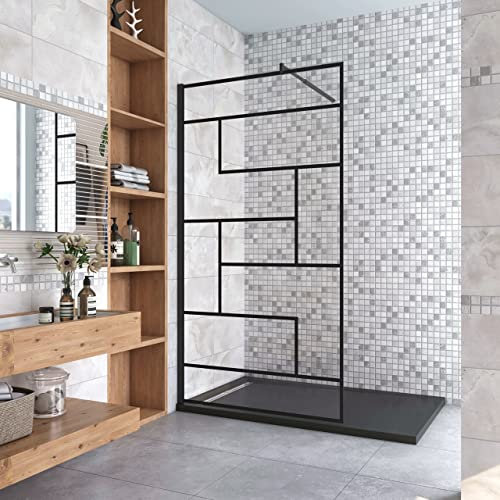 110x200cm Walk In Parete Per Doccia in Vetro Temperato 8mm Anticalcare Serigrafato Nero con Riquadri Barra Stabilizzatrice da 70-120 cm Nero Opaco