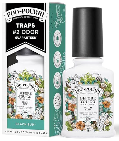 Poo-Pourri Before-You-Go Toilet Spray, Beach Bum, 2 Fl Oz, Up to 100 Uses, Bathroom Odor Deodorizer with Essential Oils for Home or Work, Travel Essentials, TSA Approved Size, Coconut, Orchid Scent