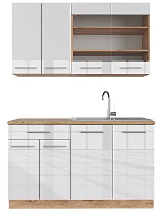 Vicco Singleküche Fame-Line, Weiß Hochglanz/Goldkraft Eiche, 140 cm ohne Arbeitsplatte