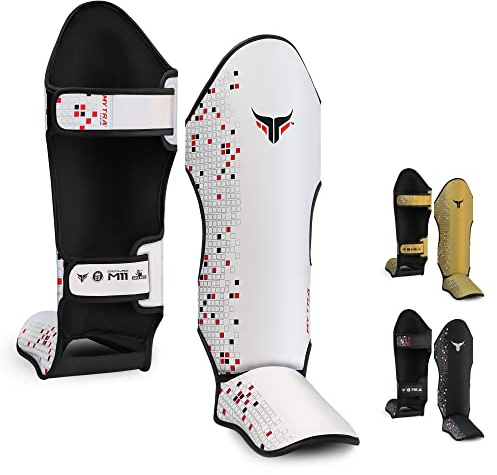 Mytra Fusion espinilleras Kick Boxing espinilleras MMA, Muay Thai espinillera – Shin Instep Protection para Kickboxing, Training, BJJ, Sparring, Boxing Gear y Artes Marciales (L, White)