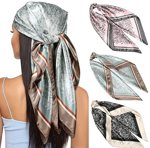 Kajeer 3 Stück Kopftuch Bandana Halstuch für Damen - 90x90cm Große Satin Seidentuch Weiches Satinschal Haarschal für Frauen