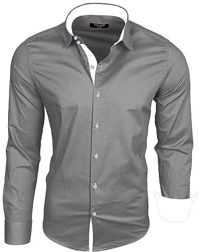 Subliminal Mode - Chemise Homme Coupe Ajuster Col et Manche Bicolore avec Un Repassage Facile Manches Longues Casual S500 Couleur Gris Taille L