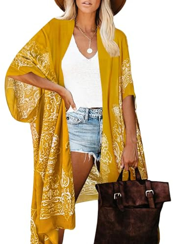 Breezy Lane Women's Swimsuit Cover Up Kimono Cardigan Bathing Suit Beachwear Bohemian Floral Print Resort Wear