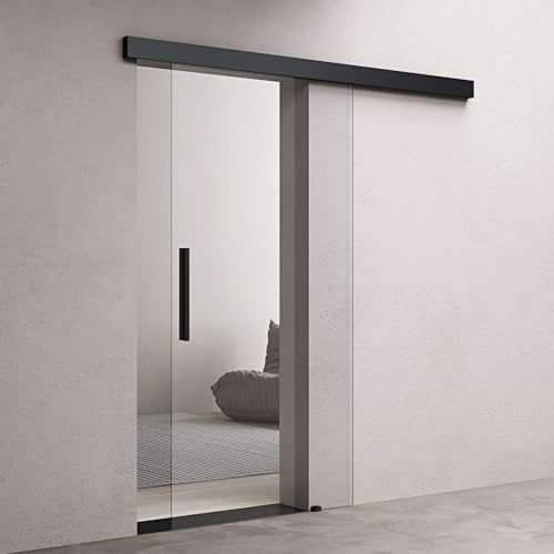 doporro Porta Scorrevole in Vetro 77.5x205cm, Porta Scorrevole con Sistema Softclose in Vetro Trasparente 8mm con Binario e Maniglia Per Asta, Distanza dal Muro 25mm, Nero, Amalfi-plus 20