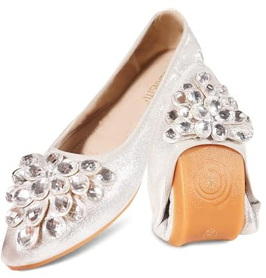 YOUNIFIZ Women's Elastic Foldable Portable Pumps Sparkly Rhinestones Ballet Ballerina Slip On Flats Dolly Shoes