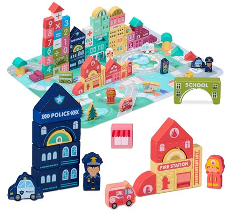 Relaxdays Holzbausteine Stadt, 100 Bauklötze, Puzzlematte, mit Gebäuden, Buchstaben, Zahlen, Bausteine ab 3 Jahren, bunt