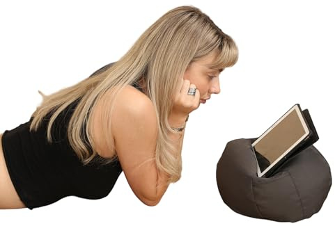 A ATH COLLECTION iPad & Tablet Stand Bean Bag Cushion Holder for All Devices Book eReader, Soft Pillow Lap Stand, Portable Bean Bag Imitation Hemp Car Home Tablet Cushion (Charcoal)