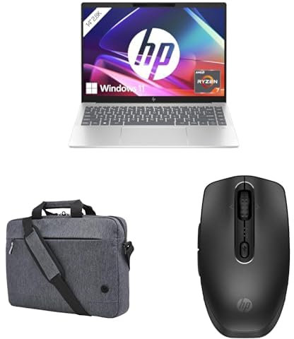 HP Pavilion Plus Laptop, 14 3K OLED Display, 120 Hz, AMD Ryzen 7 7840U, 16 GB LPDDR5x RAM, 1 TB SSD, AMD Radeon 780M, Windows 11, QWERTZ, Silber, Laptoptasche, 690 Wireless-Maus