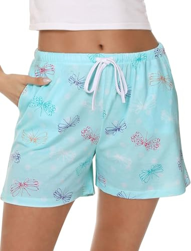 MIA LUCCE Pantaloncini da Pigiama Donna Morbidi Elastici Pantaloncini da Pigiama da Donna con Tasche Coulisse per Dormire Palestra Corsa S-XXL, Farfalla blu., L