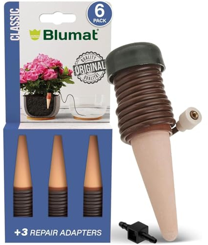 Blumat Classic Self-Watering Stakes - Prevents Overwatering and Underwatering for Healthy Growth While You are Away - Ideal for Indoor Plant Watering, 6 Pack, w Adapter