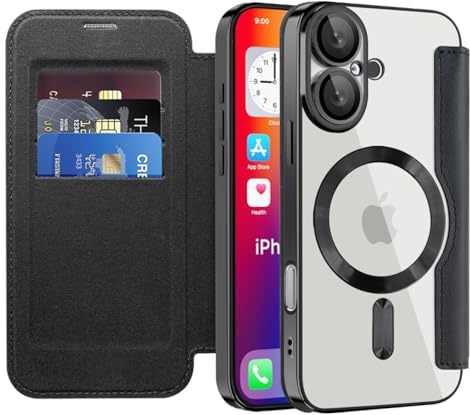 SIYOPINPFY Fodral för iPhone 16, hopfällbart skal med kortfack, transparent repskyddande läder, flip mobiltelefonfodral [trådlös laddning] med RFID-lås, plånbok, fodral för iPhone 16, svart JD