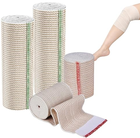 FICOFISE 4 Rollos Venda Elastica Premium con Velcro Adhesivo, Dos tamaños Vendas autoadhesivas Reutilizable Lavable, Vendaje de Compresión para Brazos, Piernas y Tobillo(7.5/15 cm x 4.5 m)