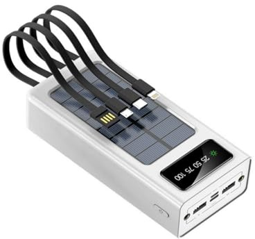 Power Bank portatile a energia solare con cavi integrati, nero, bianco, display a LED, ricarica solare, design compatto da viaggio (bianco, milliampere, 50000.0)