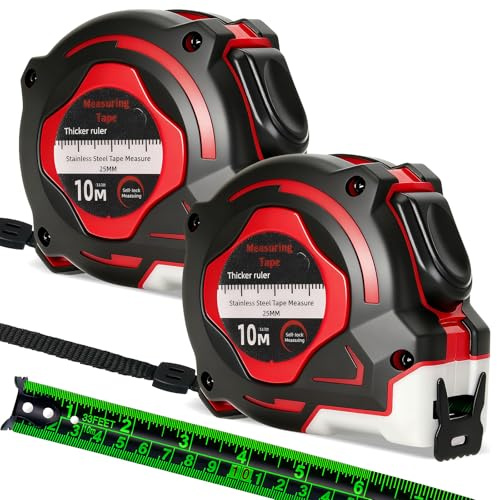 2 Pack Tape Measure 10 Metre, Fluorescent Durable Self-Locking Retractable Measuring Tape with Easy-Read Double-Sided Scale, 25mm Wide Stainless Steel Blade for DIY, Home, and Professional Use