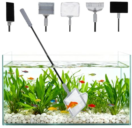 BUERPINKING 5 en 1 herramientas de limpieza para acuario, juego de limpieza con limpiaparabrisas, raspador de algas, esponja de cristal, escoba de grava para acuarios