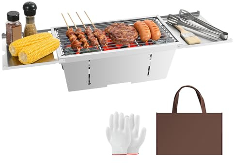 Uten Griglia a Carbone portatile e Pieghevole in Acciaio Inox con Borsa per il Trasporto e Guanti, Griglia da Tavolo per giardino,spiaggia, campeggio, escursionismo, picnic e viaggi
