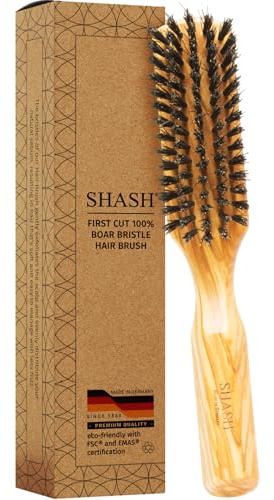 SHASH 100% First Cut Boar Bristle Hair Brush, Suitable For Thin To Normal Hair - Naturally Conditions Hair, Improves Texture, Exfoliates, Stimulates, Made in Germany