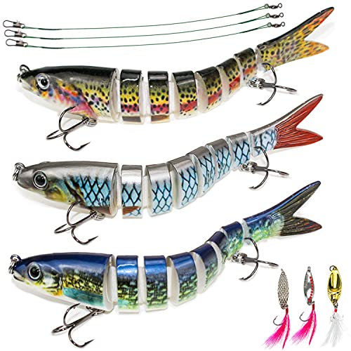 Angelköder Kunstköder Wobbler Swimbait Set 3STK Angelzubehör Multi Gelenkartigen Jerkbait zum Zander Barsch Forellen, Süßwasser Salzwasser mit 3 Metallfasen Leuchtenden Pailletten Köder