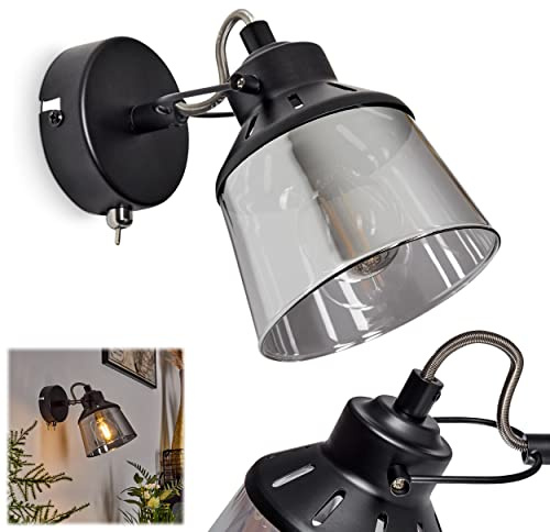 Vägglampa Safari, modern vägglampa av metall/glas i svart/rök, justerbar väggspot 1-lampa i trendig retro/vintage-design, av-/påslagsbrytare vid höljet, E14, utan glödlampa