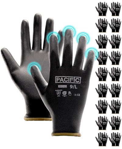 PACIFIC 18 Paires Gants de Travail pour Homme et Femme – Revêtement PU Anti-Dérapant, Légers et Respirants avec Bonne Prise, Idéaux pour Travaux Généraux, Jardinage, Noir, Taille 9/L