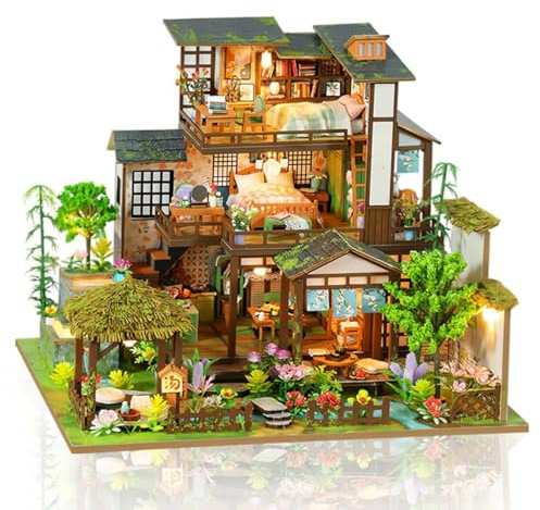 Cuteefun DIY Miniature House Kits, Mini Dollhouse with LED, Wooden Crafts for Adults Teen to Building, Birthday (Bamboo Spring Yard)