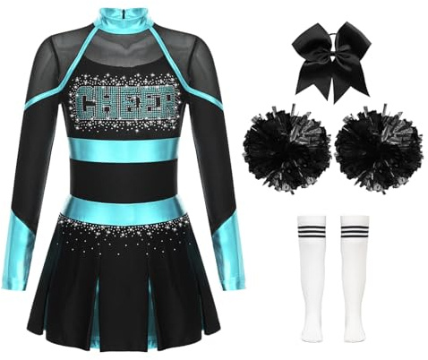 Agoky Ensemble Déguisement Pom Pom Girl Uniforme Pom-Pom Girl Cheerleading Costume Halloween Carnaval Spectacle 5-16 Ans Bleu Vert et Blanc 9-10 ans