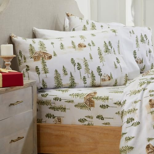 Market & Place 100% Cotton Full Flannel Sheet Set | 4 Piece Deep Pocket Novelty Cozy Winter Bed Sheets | Double Brushed for Extra Softness & Comfort | Alpine Collection (Full, Watercolor Forest)