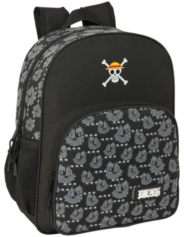 Safta ONE PIECE PIRATES – Children's School Backpack, Adaptable to Trolley, Ideal for School Children, Comfortable and Versatile, Quality and Resistance, 32 x 12 x 38 cm, Black/White, M, Casual