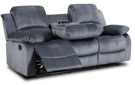 Lovesofas Grey Chenille Fabric Manual Lever 3 Seater Recliner Sofa with a Drop Table Console for Living Room – Electric Sockets USB & Cupholders, Durable Fabric, 3 – Position 160 Degree Recline
