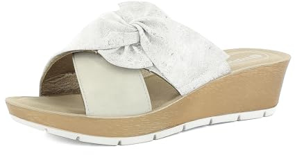 Ciabatte Donna a Zeppa 5cm con Doppia Fascia Incrociata e Decoro a Fiocco, Plantare in Ecopelle Imbottito
