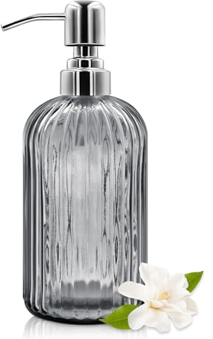 Distributeur de savon en verre de 532 ml avec pompe en acier inoxydable, bouteille de savon liquide rechargeable au design moderne côtelé pour salle de bain, cuisine, savon pour les mains, savon à