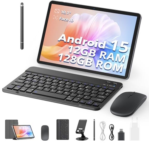 SVITOO 2025 Neueste Tablet, 10 Zoll, 12GB RAM+128GB ROM (1TB TF) mit Hülle, Stift, Tastatur und Maus, Octa-Core, 1280x800 HD, 6000mAh（mit NTC）, Widevine L1, 8MP+5MP, 2.4G+5G WiFi, GPS (Android 15)