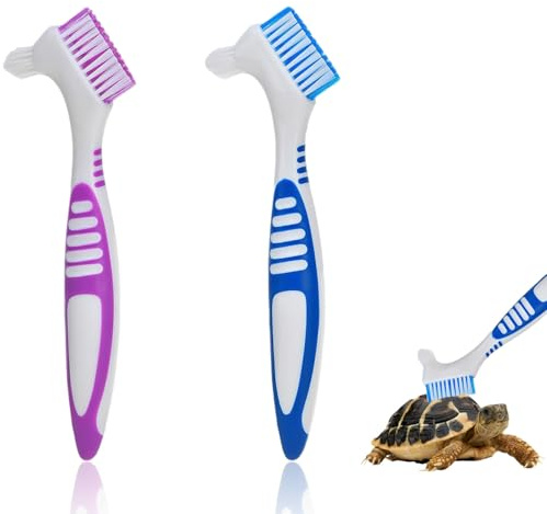 2 Pcs Turtle Cleaning Brush Mini Double-Sided Cleaning Brush Plastic Toothbrush Stain Brush for Turtle Shell Fish Tank Accessories (Blue+Purple)