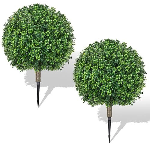 Hecaty Artificial Boxwood Topiary Ball Trees 65cm: 2 Pack Fake Shrubs with Ground Spike – UV Fade Protected, Evergreen Artificial Plants Outdoor Indoor Front Porch Garden Balcony Home Office