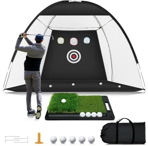 Red de práctica de golf 5 en 1 | Jaula de golf de jardín e interior de 10 x 7 pies con objetivos de astillado | Juego completo con alfombrilla, pelotas, camisetas de goma y bolsa de transporte | Ayuda