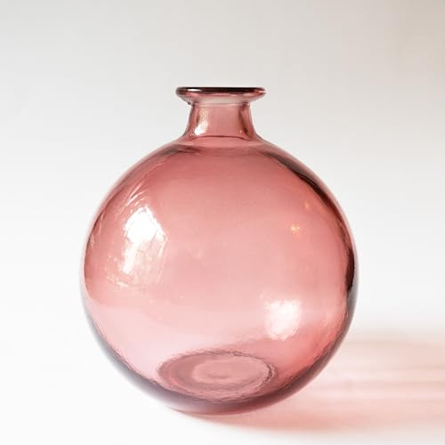 Jarrón Decorativo de Vidrio Redondo, Estilo Mediterraneo. Decoración para el hogar, Ideal como florero o vasija Decorativa. Vidrio Reciclado Fabricado en España, (Rosa)