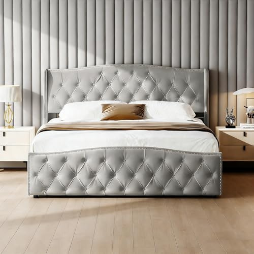 Yeutre Lit 160x200 avec Sommier et Rangement, Lit Coffre 160x200 cm avec Tête de Lits Rembourré, Cadre de Lits 2 Places pour Adultes et Adolescents, Velours (sans Matelas) (Gris 1, 160 x 200 cm)